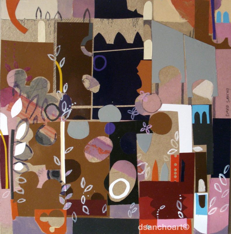 David-Sancho-Collages-Marroquíes-JARDÍN -TANGERINO-35 X35cm-COLLAGE, VINILO Y ACRILICO TABLA.