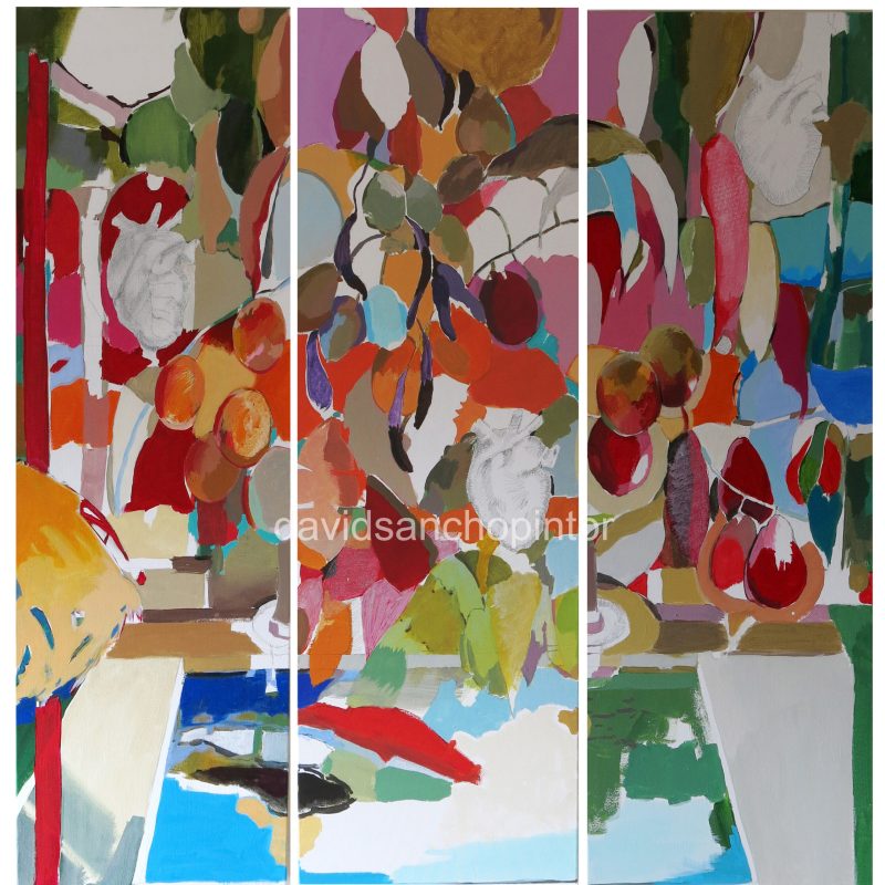 Tres peces en la alberca 4, 90 x 90 acrilico sobre lienzo